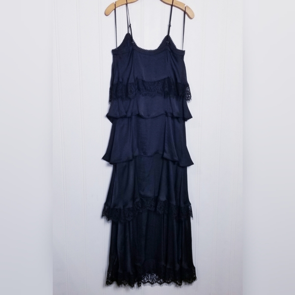 Rebecca Minkoff Slip Dress Womens Size 2 Black Maxi Tiered Lace Spaghetti Strap - Picture 7 of 15